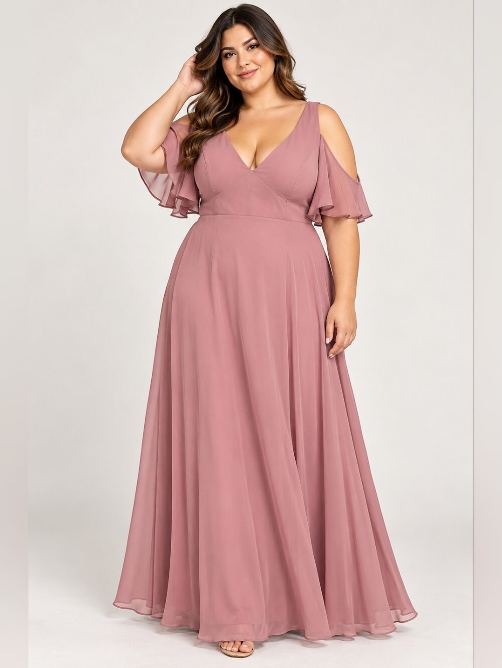 Plus Size Dusty Rose Cold-Shoulder V-Neck Maxi Dress